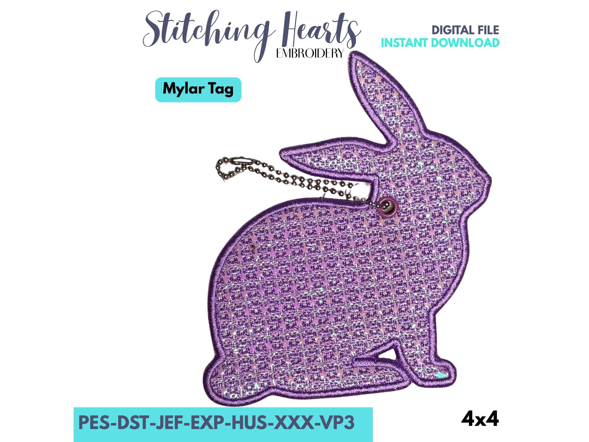 Bunny Mylar Bag Tag, In The Hoop Embroidery Design, Rabbit Luggage Tag, Easter Basket Tag
