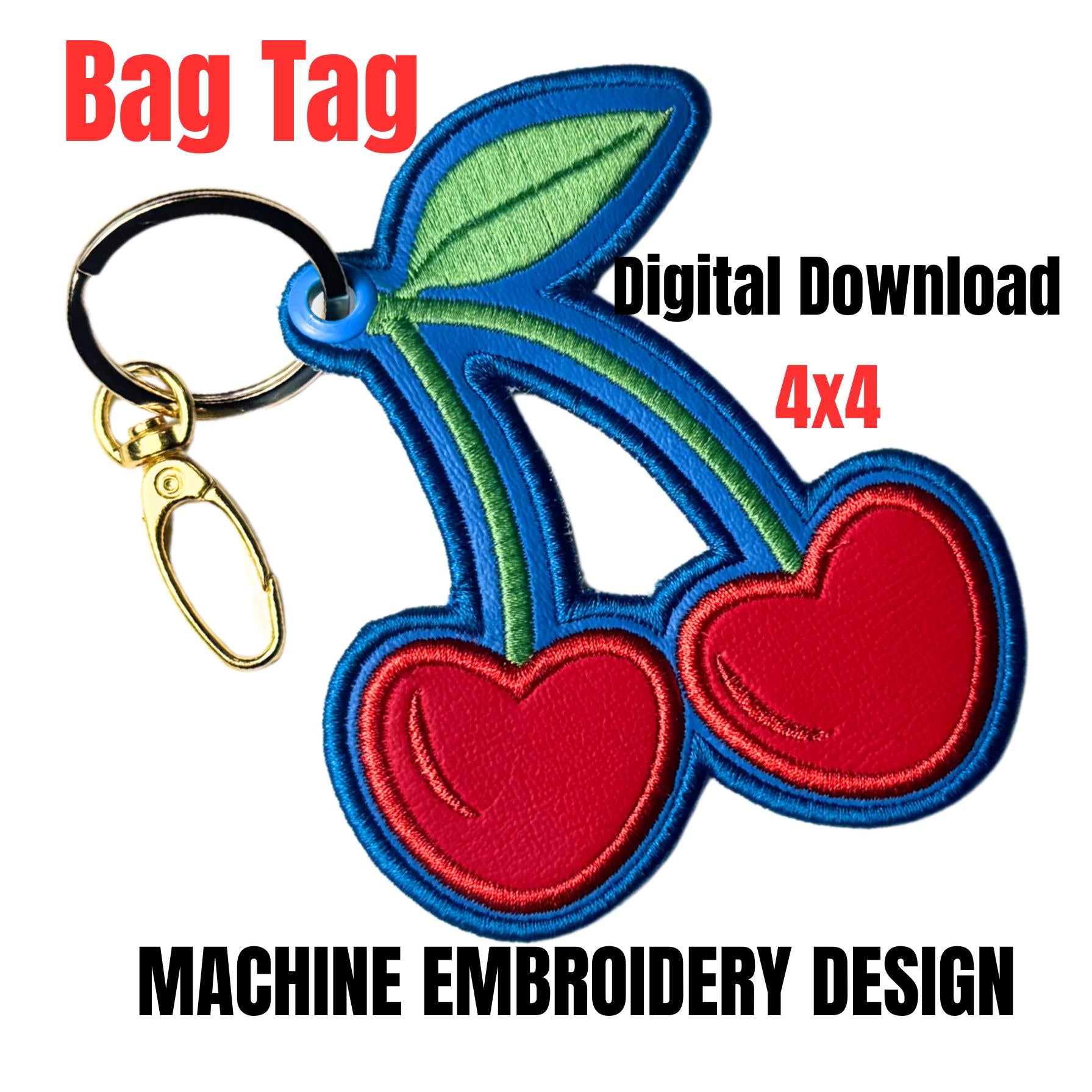 Cherry Heart Embroidery Bag Tag: Summer Fruit Design (4x4 Hoop, Digital File)