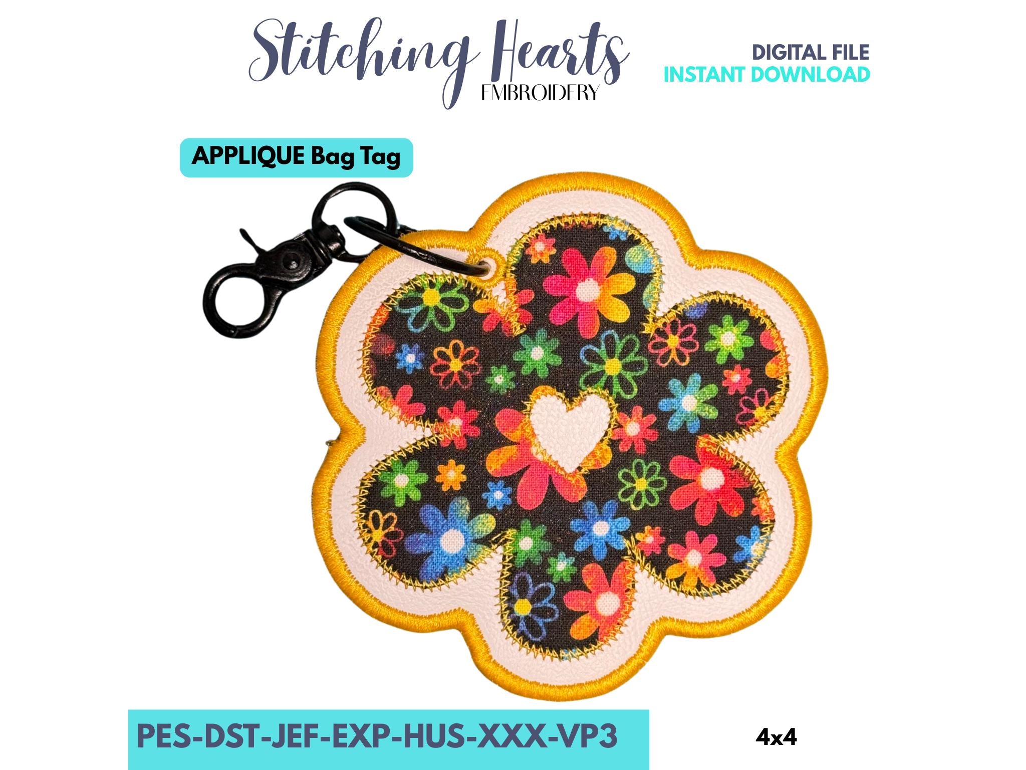 Flower Heart Bag Tag, In The Hoop Embroidery Design. Floral Luggage Tag