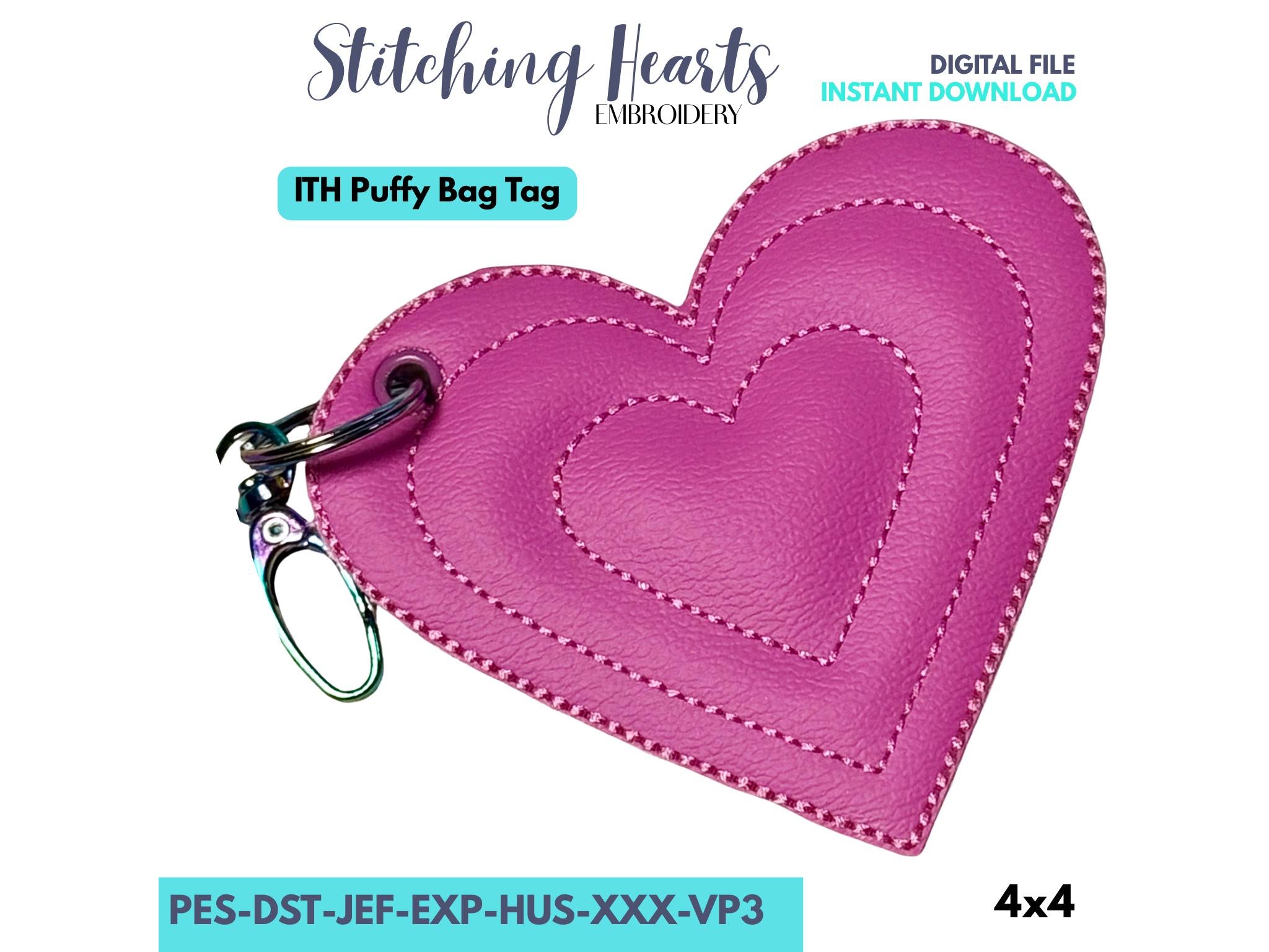 Heart Puffy Bag Tag, In The Hoop Embroidery Design, Layered Hearts Luggage Tag