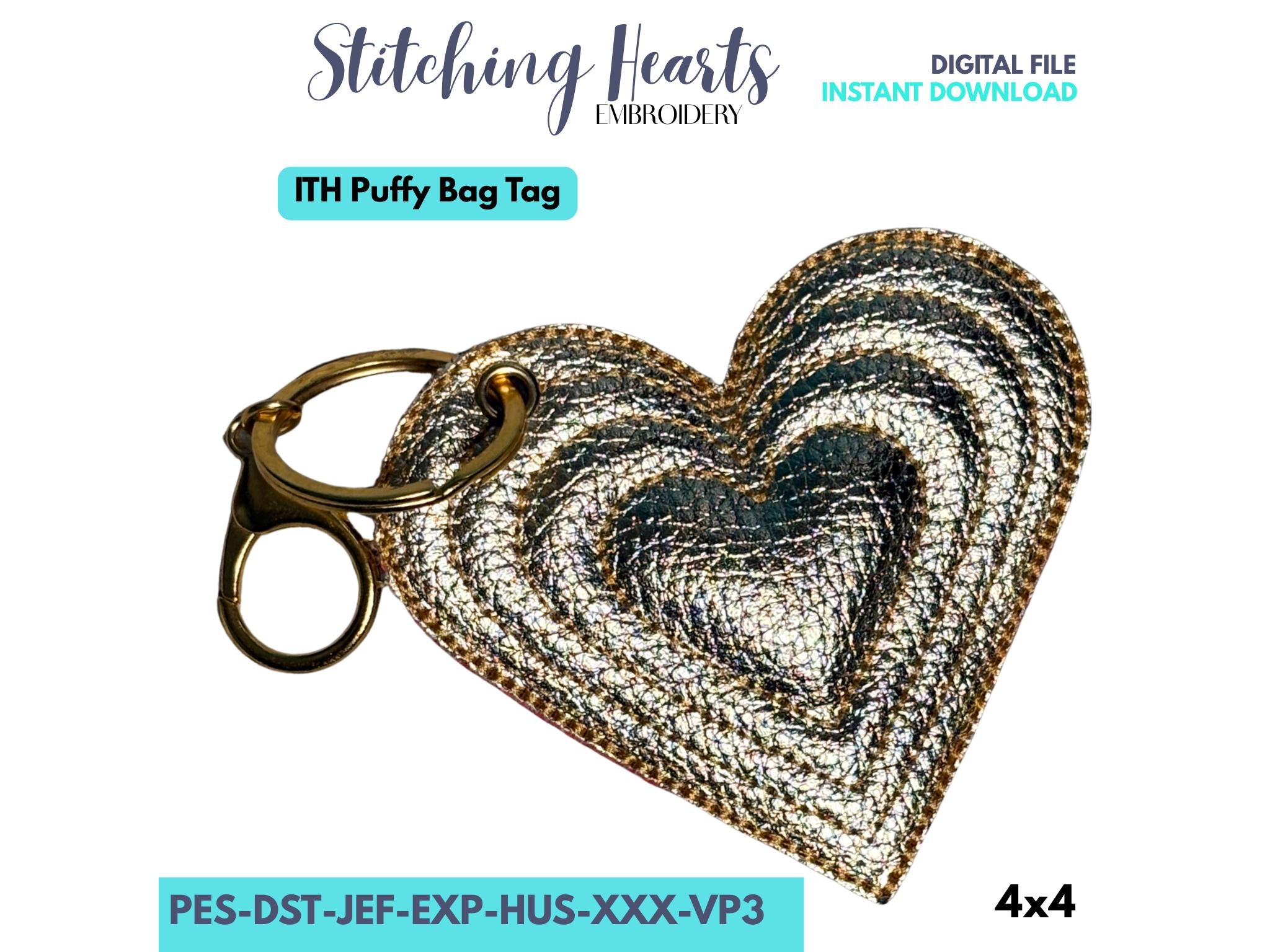 Heart Puffy Bag Tag, In The Hoop Embroidery Design, Layered Hearts Luggage Tag