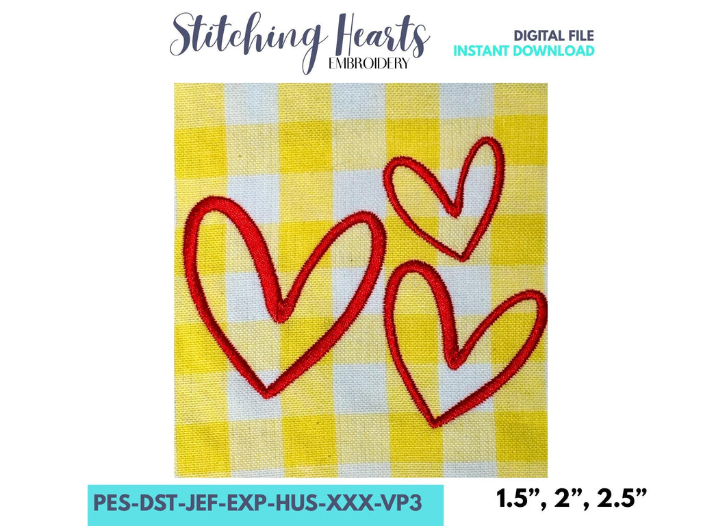 Heart Trio, Hand-Drawn Heart Embroidery Design