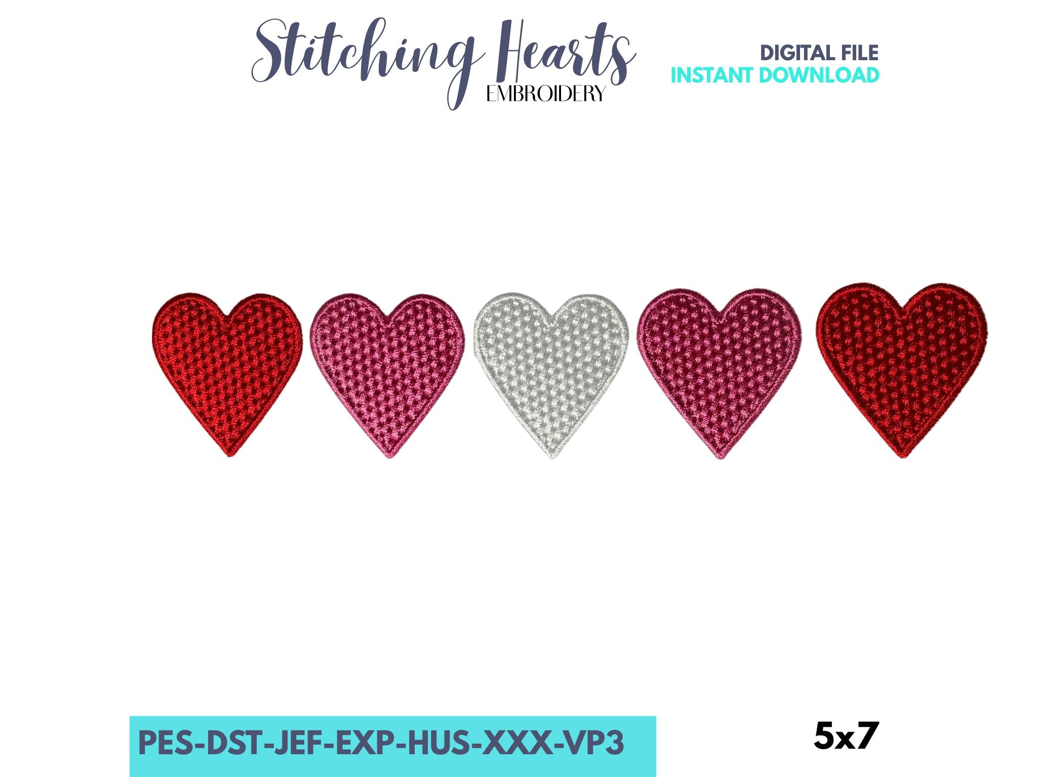 Hearts Fancy Fill Stitch, Satin Edge Fill Stitch Hearts Embroidery Design, Set of 5 (5x7 Digital Download