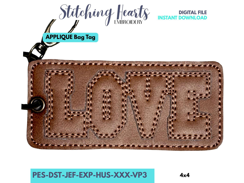 ITH Bag Tag, Key Fob Embroidery Design, Love Bean Stitch Tag