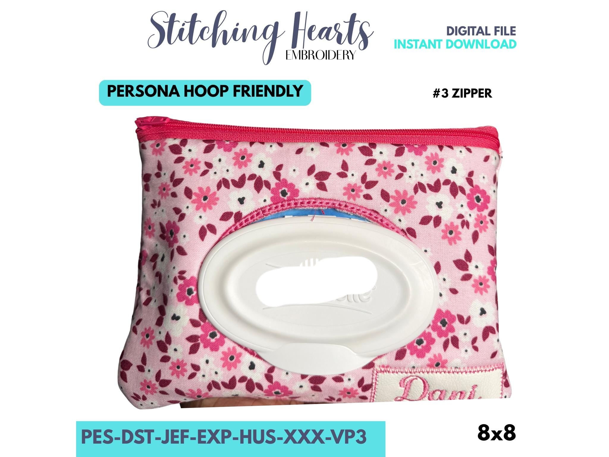 In-the-Hoop Baby Wipes Holder #3 Zipper Digital Design | 8x8 Machine Embroidery Pattern,  Flushable Wipes Holder