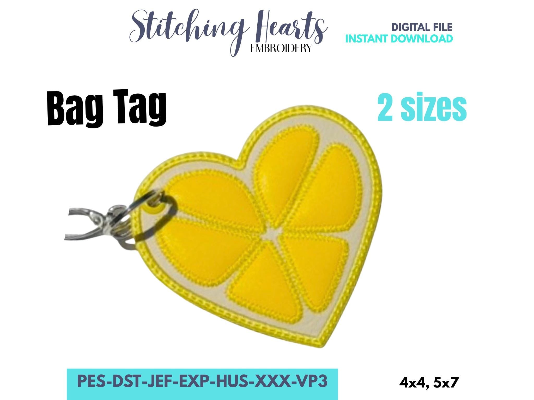 Lemon Heart Embroidery Bag Tag: Summer Fruit Travel Accessory (4x4 Hoop, Digital File)