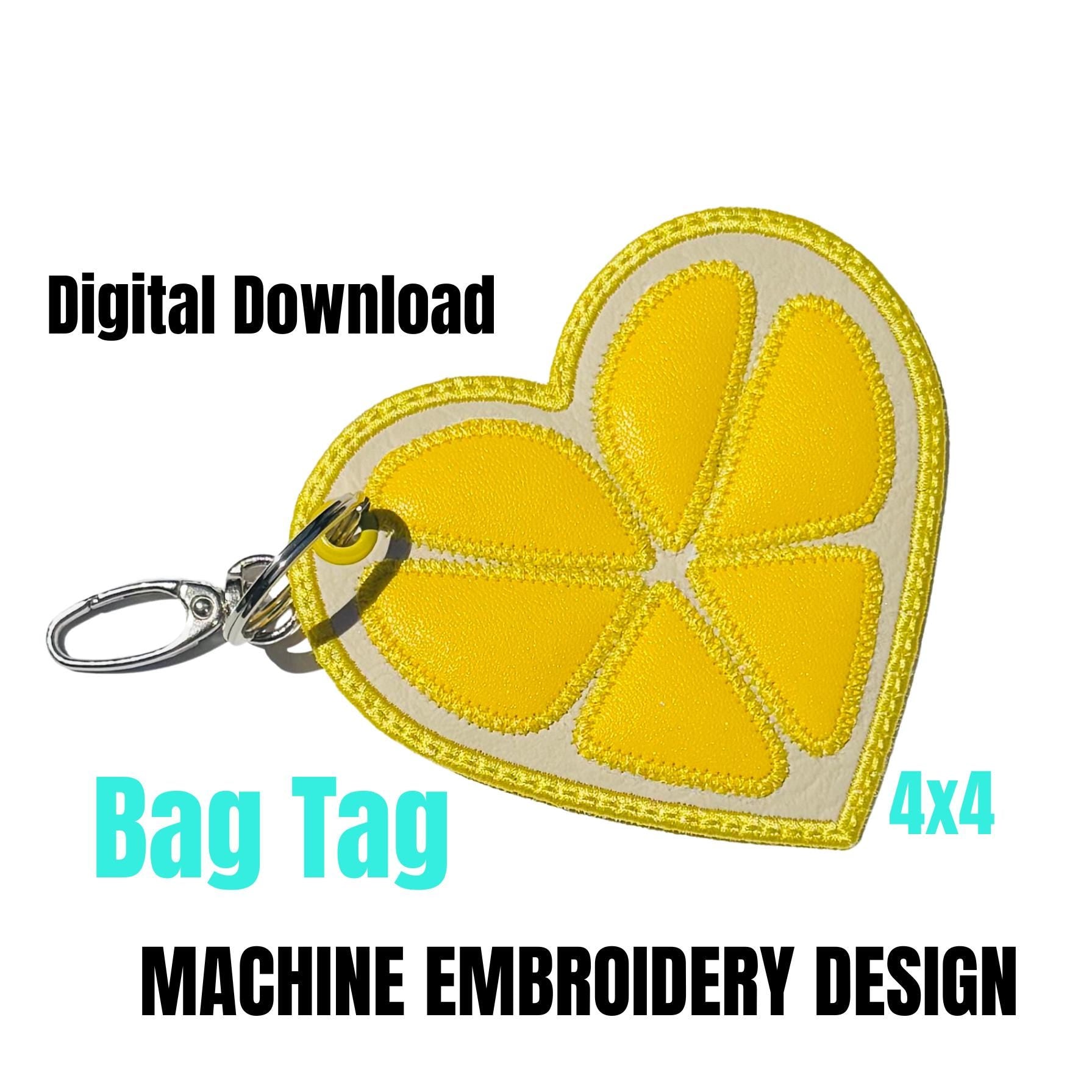 Lemon Heart Embroidery Bag Tag: Summer Fruit Travel Accessory (4x4 Hoop, Digital File)