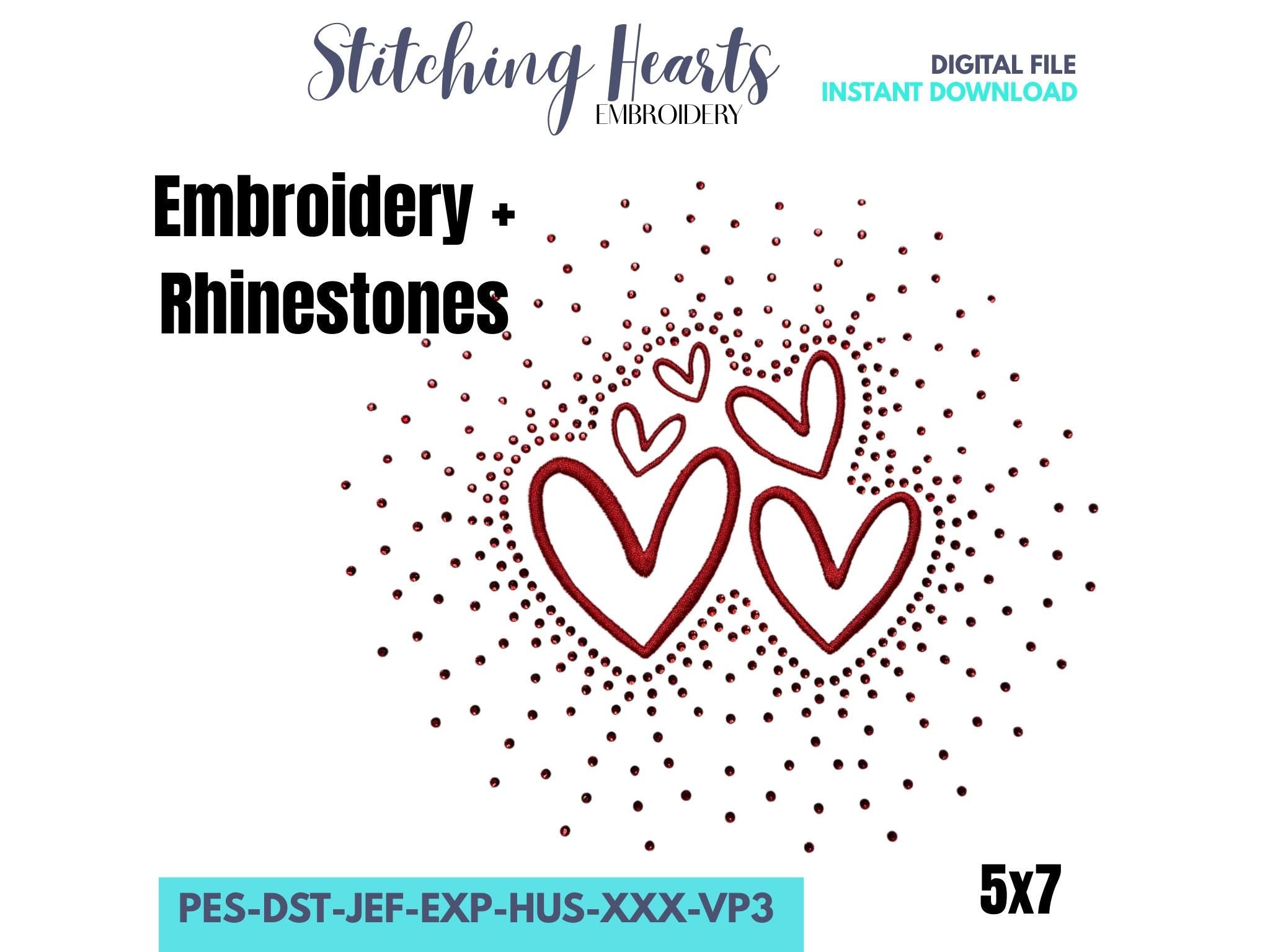 Stacked Heart Embroidery Design and Rhinestone Template