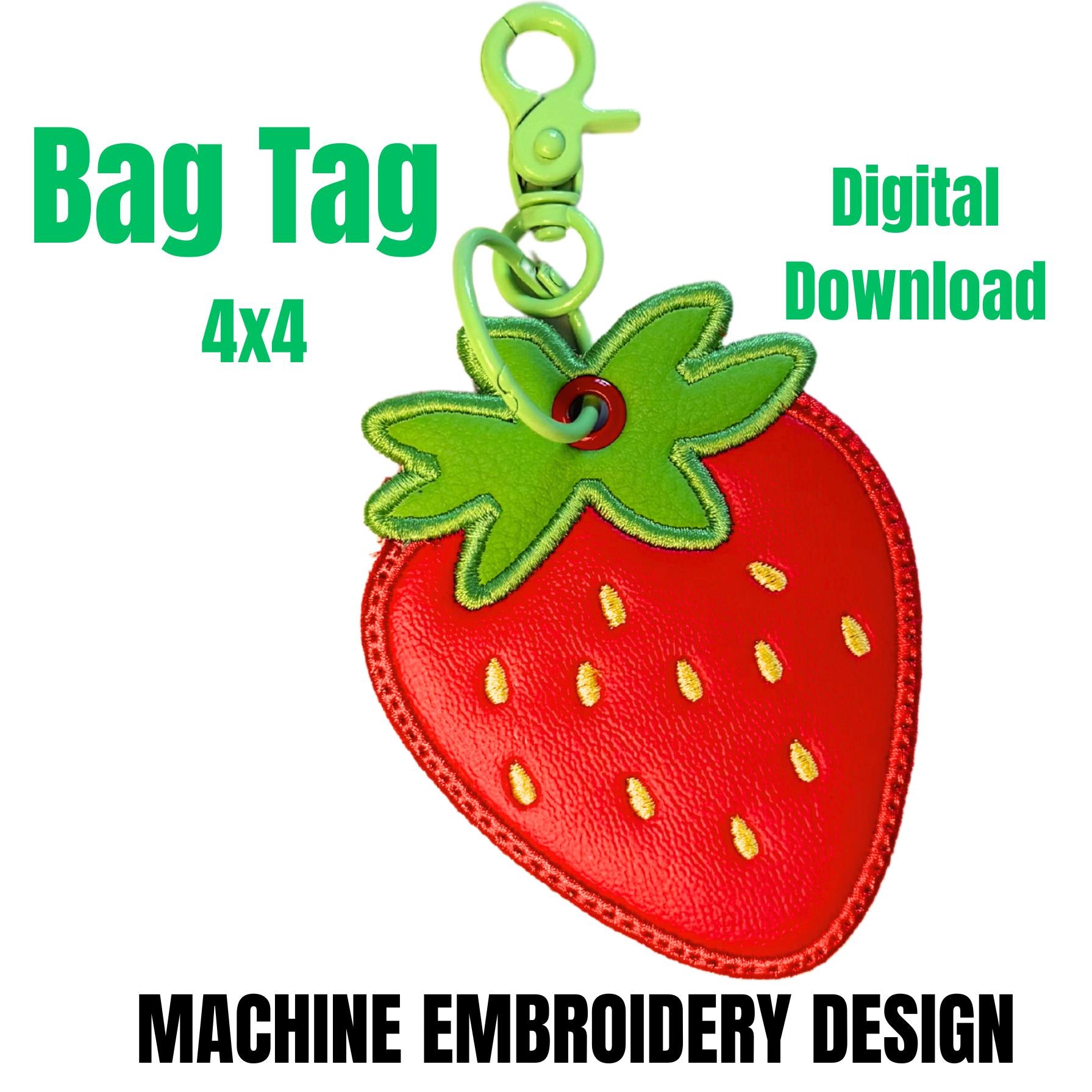 Strawberry Bag Tag, Tutti Frutti Applique Design, Purse Tag, Fruit Embroidery 3D Design, Digital Download