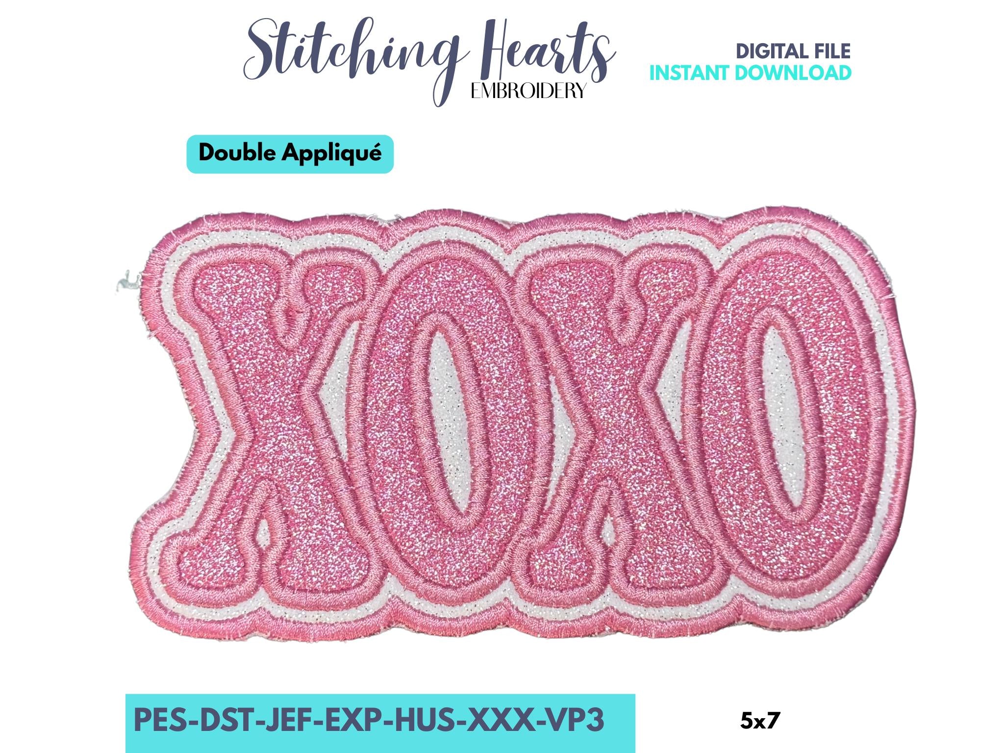XOXO Patch Design- In The Hoop Patch- Glitter HTV Double Appliqué - Hugs and Kisses Appliqué Design